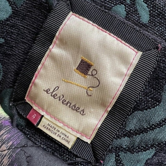 Anthropologie Elevenses Teal Floral Brocade Ruffled Victorian Velvet Peacoat 4 - Picture 6 of 9